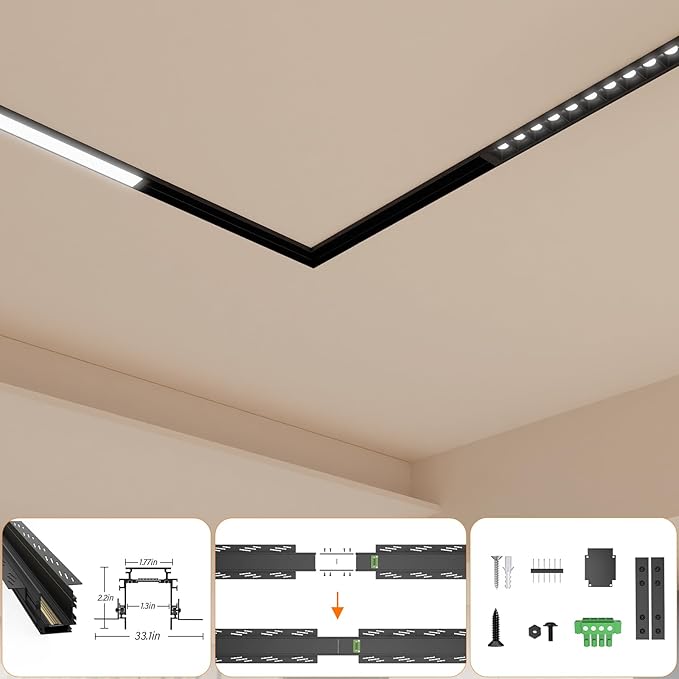 6 Pack Magnetic Track Lighting Rail, 4-Wire Recessed Aluminum Rail for LED Track Light System, Flush Mount 24V Low Voltage Adjustable Track for Ceiling (39.4inch/3.3ft)
