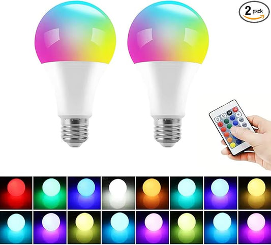 LED Color Changing Bulb, Smart RGB Night Light with Remote Control, Warm White 5/10/15W, E27 Base, 16 Colors for Home Decor Bedroom Stage Party Mood Light, 2 Pack (10W Warm White)