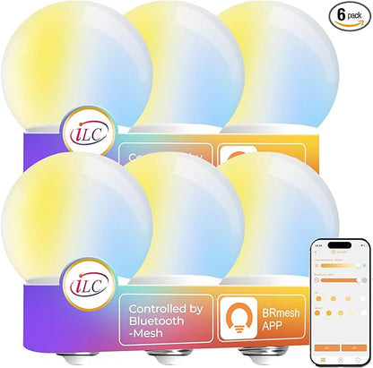 ILC G25 Globe Light Bulbs, App-Controlled LED Bulb with Bluetooth Mesh, 6W, 60W Equivatlent, 600LM, CCT: 2700K-6000K, CRI>95+, E26 Base, 120V for Vanity, Pendant fixtures, Bathroom (6 Pack)