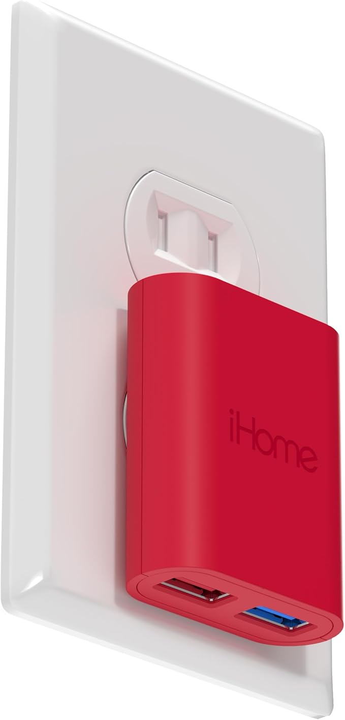 iHome Slim 2-Port USB Wall Charger, Flat Multiport Travel Plug Adapter | Dual USB-A ports, 2.4A Rapid Charge, Foldable Prongs, Slim Design, Compatible with iPhone, Android, iPad, AirPods for Home