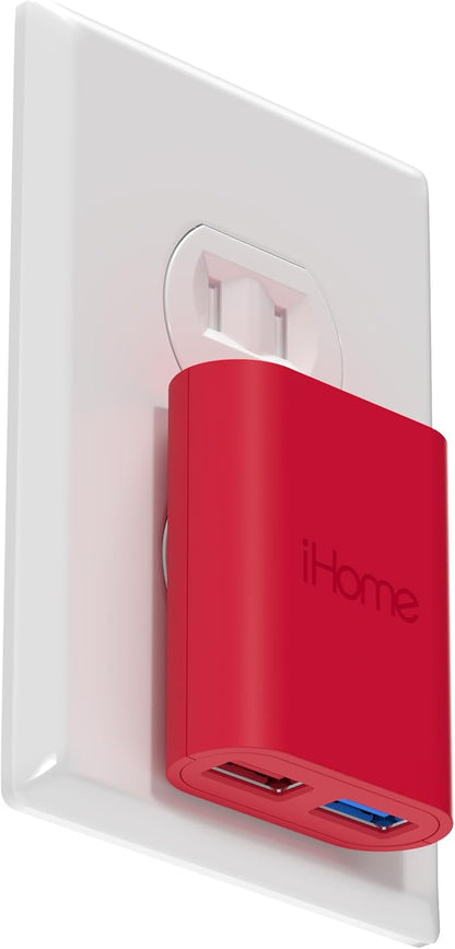 iHome Slim 2-Port USB Wall Charger, Flat Multiport Travel Plug Adapter | Dual USB-A ports, 2.4A Rapid Charge, Foldable Prongs, Slim Design, Compatible with iPhone, Android, iPad, AirPods for Home