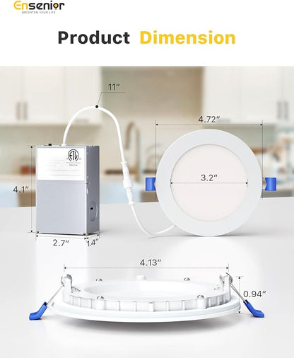 Ensenior 6 Pack 4 Inch LED Recessed Light, Dimmable, 5000K Daylight, 750LM High Brightness, 9W 120V, Damp Rated, Ultra-Thin Canless Wafer Ceiling Light - ETL & FCC & IC