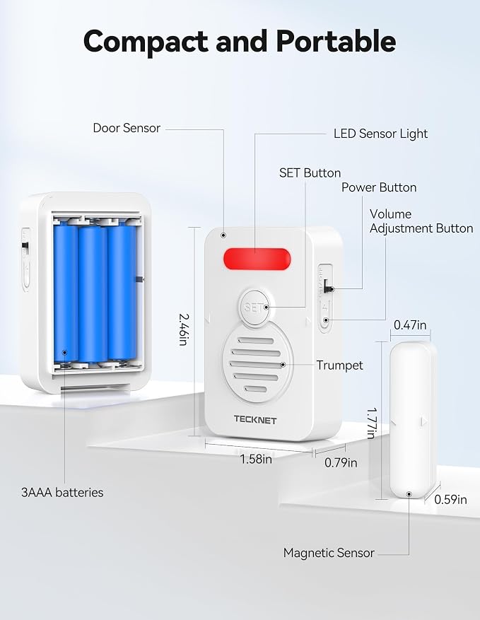 TECKNET Door Alarms for Kids Safety, Door Alarms When Opened, Window Alarm with Smart Voice Alert, 4-Level Adjustable Volume, Refrigerator Sensor Pool Alarm for Home Security、Fridge and Window, 2Pcs