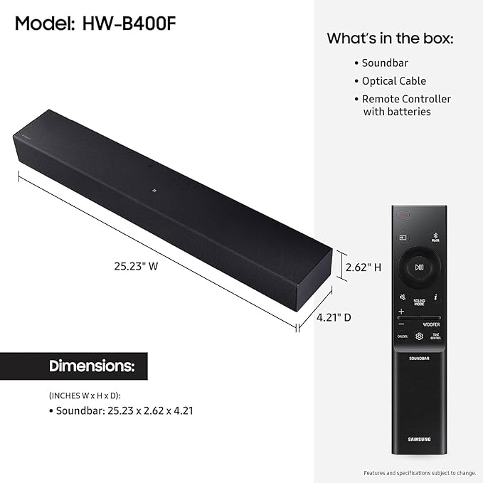 Samsung B-Series Soundbar HW-B400F 2.0ch with Built-in Bass, Compact TV Speaker, Clear Voice Upgrade for Movies, TV Shows, Music, Easy Setup Home Audio System