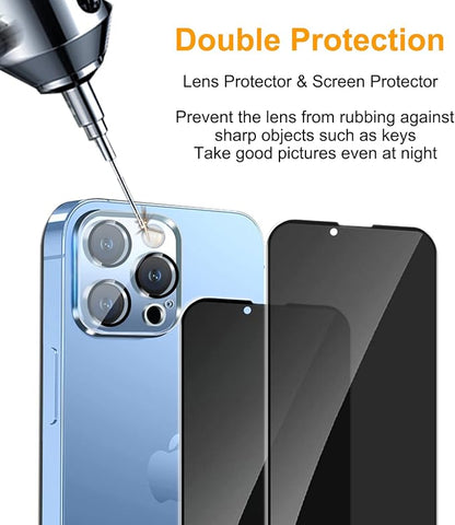 PEHAEL 2+2 Pack for iPhone 13 Pro Privacy Screen Protector with Camera Lens Protector Full Coverage AntiSpy Tempered Glass Film 9H Hardness Easy Installation Bubble Free [6.1 inch]