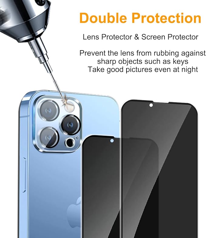 PEHAEL 2+2Pack for iPhone 13 Pro Max Privacy Screen Protector with Camera Lens Protector Full Coverage Anti-Spy Tempered Glass Film 9H Hardness Easy Installation Bubble Free [6.7 inch]
