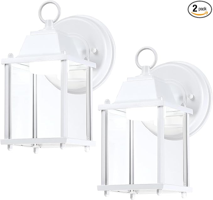 LIT-PaTH Outdoor LED Wall Lantern, Wall Sconce as Porch Light, 9.5W 800 Lumen, Aluminum Housing Plus Glass, 5000k-Matte White Finish, 2-Pack