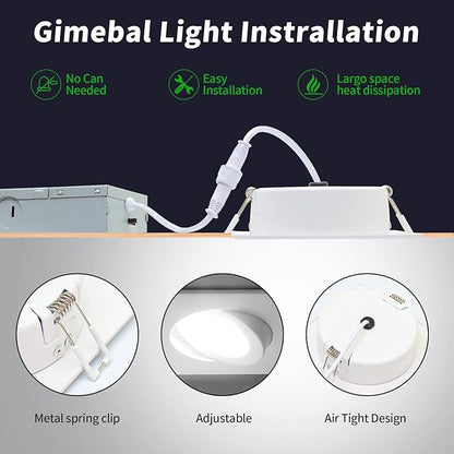 KnLnny Ware Square Gimbal Recessed Lighting 4 Inch 6 Pack,Eyeball Led Lights with Junction Box,5CCT Selectable,9W 750LM,Dimmable