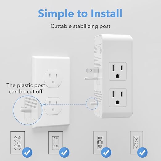 BN-LINK Multi Plug Outlet 2 Pack, 6 Wall Outlet Extender with 3 USB Charging Ports (1 USB C) Total 3.4A, 3-Sided Outlets Splitter Multiple Outlet Wall Plug for Home Office Dorm Room