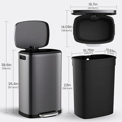 ELPHECO Kitchen Trash Can with Lid Soft Close, 13 Gallon / 50L Stainless Steel Pedal Garbage Can, Heavy-Duty Step Wastebasket with 20 Bags, Removable Bucket, Home Office, Titanium Silver