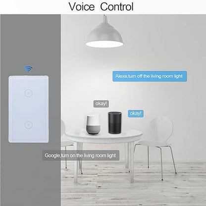 Wireless 2.4GHz Tuya WiFi Smart Light Touch Wall Switch Compatible with Alexa and Google Home for Lamp, Neutral Wire Required, No Gateway Required.Us Standard Electrical(2 Gang White)