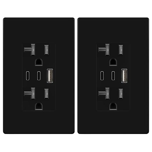 TOPGREENER 4.2A 21W 3-Port Type C USB Outlet, 20 Amp Receptacle Plug, Charging Power Outlet with Dual Type C&A Ports, Screwless Wall Plate Included, UL Listed, TU22042AC2-BKSID, Black, 2Pack