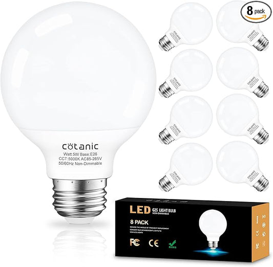 Cotanic 5000K Daylight Globe Light Bulbs, E26 Standard Base, 5W(60 Watt Equivalent Incandescent Replacement), 500LM, Non-Dimmable, 8-Pack, Bathroom G25 LED Vanity Light Bulb
