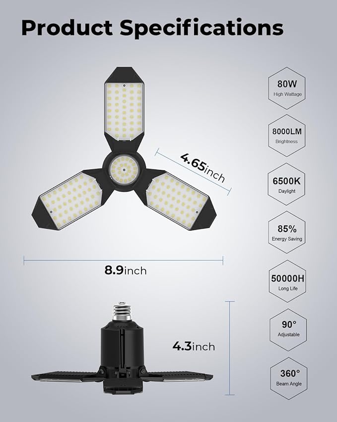 toberich LED Garage Light Bulb, 8000LM Shop Lights with 3+1 Deformable Panels, 6500K Screw in Ceiling Lights for Garage, Workshop, Workbench, Basement