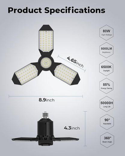toberich LED Garage Light Bulb, 8000LM Shop Lights with 3+1 Deformable Panels, 6500K Screw in Ceiling Lights for Garage, Workshop, Workbench, Basement