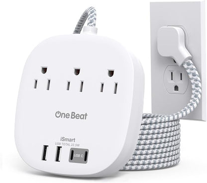 22.5W/4.5A Travel Power Strip with Surge Protector, 3 Outlets with 4 USB Ports (2 USB C), Flat Plug Extension Cord 6 Feet, Desktop USB Charging Station for Home, Office, College Dorm Essentials