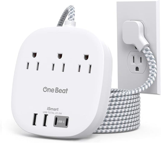 22.5W/4.5A Travel Power Strip with Surge Protector, 3 Outlets with 4 USB Ports (2 USB C), Flat Plug Extension Cord 6 Feet, Desktop USB Charging Station for Home, Office, College Dorm Essentials