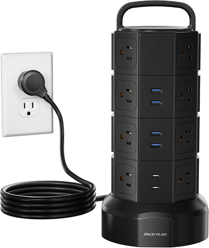 Power Strip Tower Surge Protector, JACKYLED 16 Outlets 6 USB (2 USB C) Charging Station, Extension Cord with Multiple Outlets, 1050J 1625W/13A Outlet Extender 6.5ft Extension Cord for Home Office