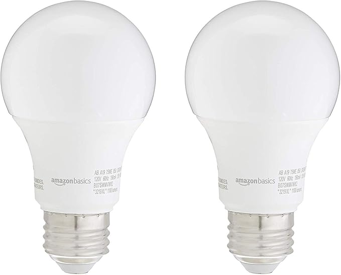 Amazon Basics A19 LED Light Bulbs, 75W Equivalent, Energy Efficient 12W, Daylight White 5000K, Non-Dimmable, 10,000 Hour Lifetime, 2-Pack
