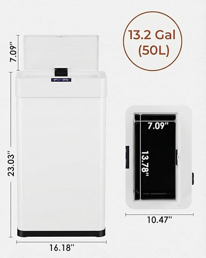 TLSUNNY 13.2 Gallon Motion Sensor Trash Can,Touchless Automatic Garbage Can,Brushed Stainless Steel Smart Bin,with Bag Holder,Soft Close Lid,for Kitchen,Office,RV,Bedroom,Living Room (White, 50L)