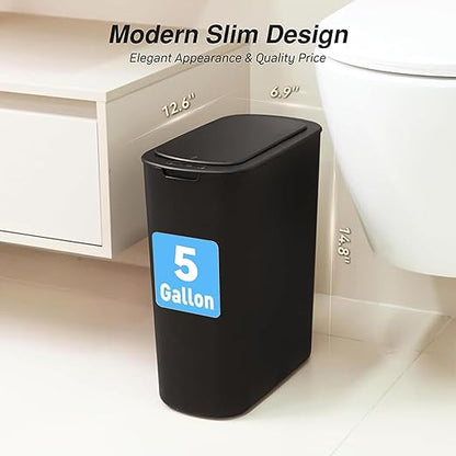 FRESHLIX Automatic Bathroom Garbage Bin with Lid, 5 Gallon Touchless Trash Bin, Smart Electric Narrow Waterproof Trash Can for Toilet, Office, Kitchen, Bedroom, Living Room
