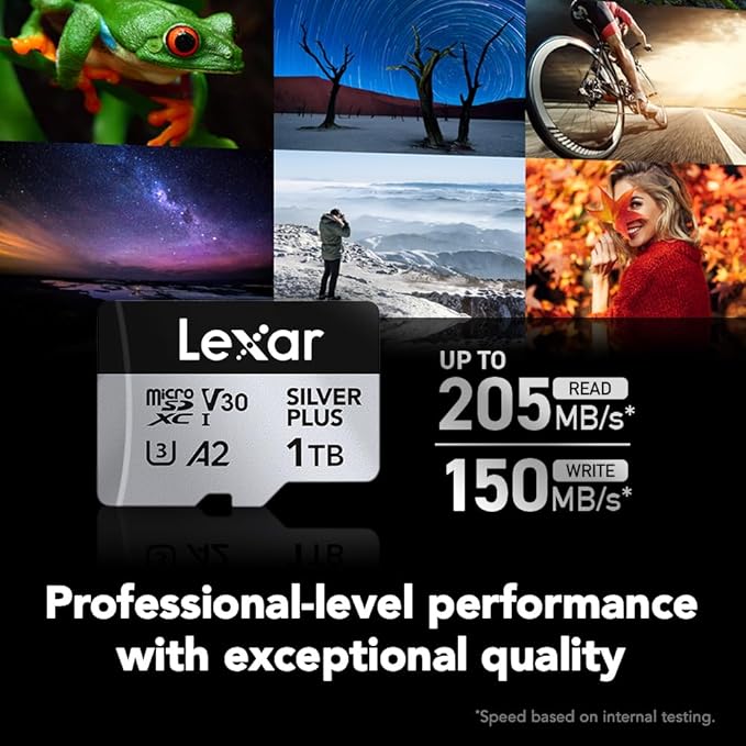 Lexar 1T Professional Silver Plus Micro SD Card, UHS-I, C10, U3, V30, Full HD & 4K, Up to 205/150 MB/s microSDXC Memory Card, for Videographers, Gamers (LMSSIPL001T-BNANU)