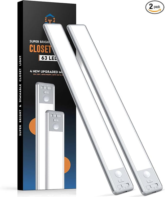 BLS 14.8inch Under Cabinet Lighting, LED Closet Lights, Motion Sensor Light Indoor, Battery Operated USB C Rechargeable, Dimmable Magnetic Night Light for Kitchen, 4 Sensor Mode, Cool White (2 Pack)