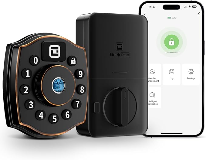 Geek Smart Fingerprint Deadbolt Lock with Keypad, Smart Deadbolt with Code, Electronic Door Locks for Front Door, Keyless Entry Door Lock, App Control, for Hotel, Homestay, Airbnb