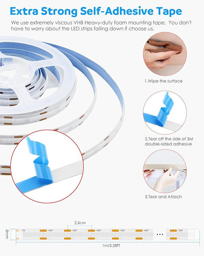 Aclorol COB LED Strip Light 1M 5V Flexible Blue LED Strip Lights for Bedroom with 1M USB Powered Cable Not Dimmable for Kitchen Cabinet Gaming Room Indoor DIY Decoration 320LEDs/M CRI85+
