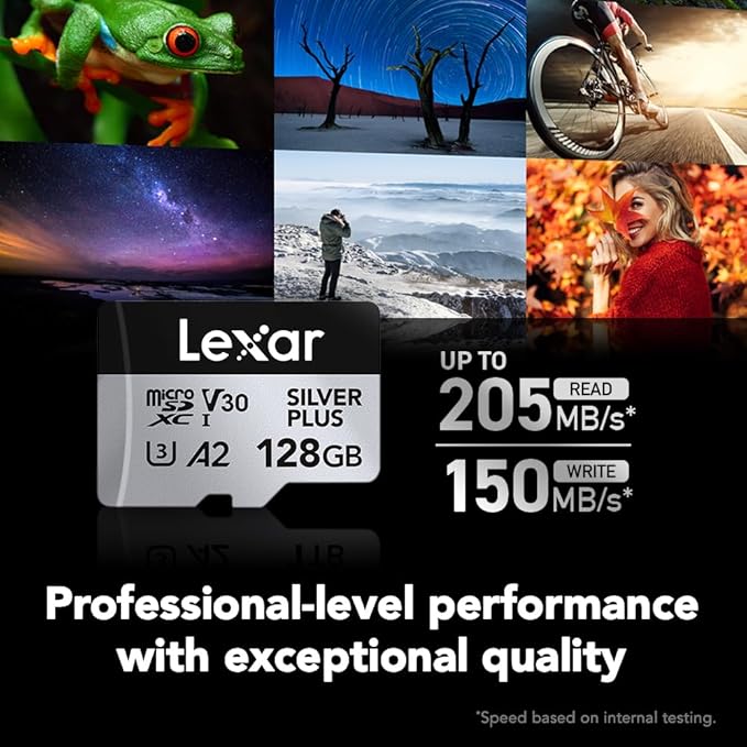 Lexar 128GB Professional Silver Plus Micro SD Card, UHS-I, C10, U3, V30, Full HD & 4K, Up to 205/150 MB/s microSDXC Memory Card, for Videographers, Gamers (LMSSIPL128G-BNANU)