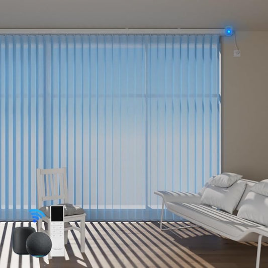 Motorized Sheer Vertical Blinds Compatible with Alexa Google Home, Light Filtering Smart Vertical Blind Sliding Door Blinds Remote Control Blinds for Sliding Glass Door Customize (Blue)