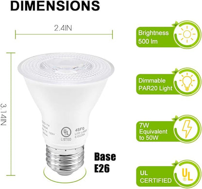 7W Par20 LED Bulb (50W Equivalent), UL Listed, 4000k Nature White Dimmable Flood Bulbs Lights, 500 Lumens, E26 Base, Recessed Lighting for Indoor Outdoor, 6 Pack