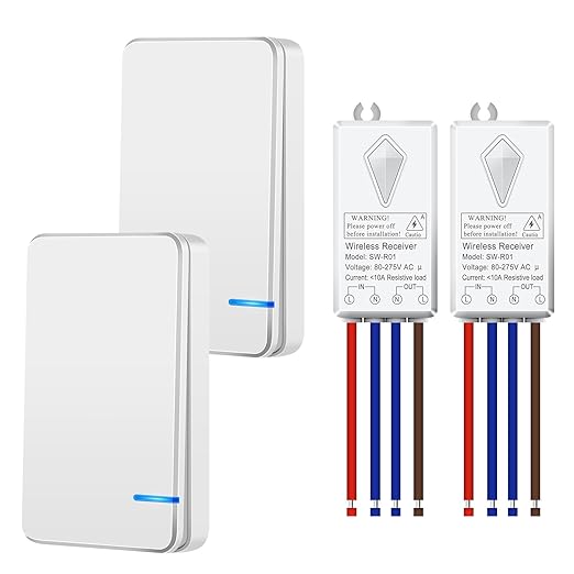 NineLeaf Wireless Light Switch Kit, No Wiring Remote Control, Mini Receiver for Ceiling Lights,Lamps, No WiFi, 1969FT Outdoor 328FT Indoor Range, IP66 Waterproof, 1000W LED(2Switches 2Receivers)