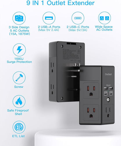 One Beat Surge Protector Wall Outlet Extender, 5 Outlets & 4 USB Ports (2 USB-C), 1680J, 3-Sided Multi Plug Outlet Adapter, Outlet Splitter, Wall Mount, ETL Listed for Home Office Travel-Black