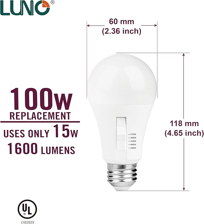 LUNO A19 Dimmable LED Bulb, 15W (100W Equivalent), 1600 Lumens, 5000K (Daylight), Medium Base (E26), UL & Energy Star (4-Pack)