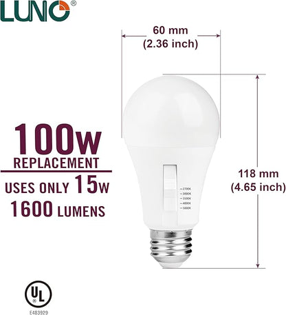 LUNO A19 Dimmable LED Bulb, 15W (100W Equivalent), 1600 Lumens, 5000K (Daylight), Medium Base (E26), UL & Energy Star (4-Pack)