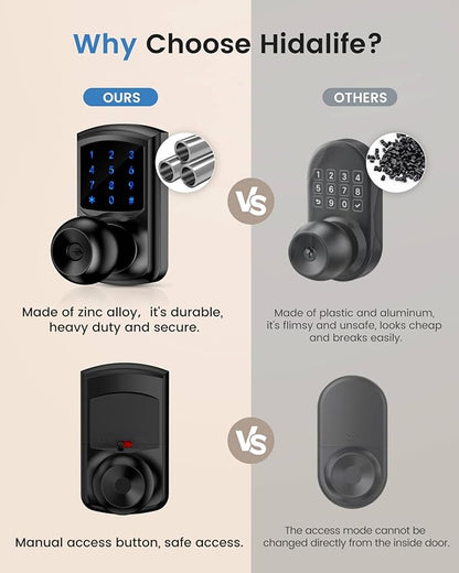 Hidalife Keyless Entry Door Lock with Code, Keypad Door Lock with Handle, Touchscreen Digital Lock with Keypad for Front Door Garage Bedroom Home, Auto-Lock, Matte Black 2 Pack