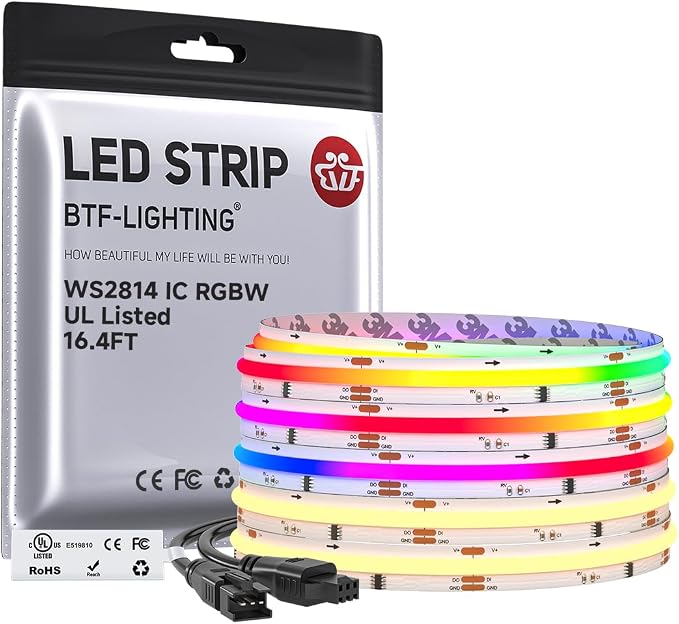 BTF-LIGHTING 16.4FT WS2814 Smart IC RGBW 3000K DC24V COB LED Strip Light | UL Listed 784LEDs/m High Density Color Chasing Uniform Light 10mm Width for Home Party DIY Lighting(No Adapter or Controller)