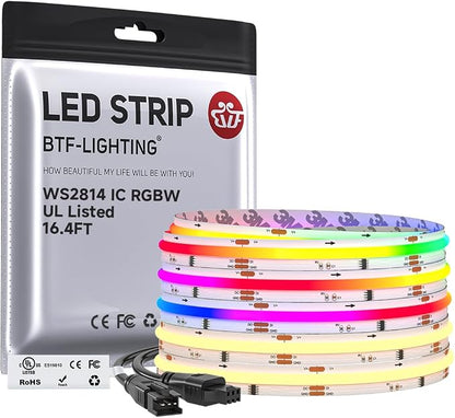 BTF-LIGHTING 16.4FT WS2814 Smart IC RGBW 3000K DC24V COB LED Strip Light | UL Listed 784LEDs/m High Density Color Chasing Uniform Light 10mm Width for Home Party DIY Lighting(No Adapter or Controller)