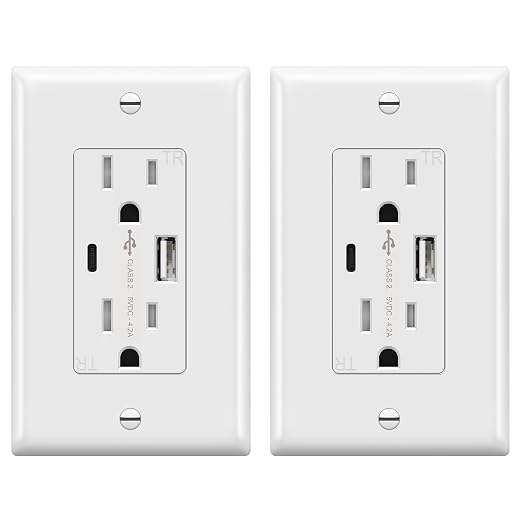 TOPGREENER 4.2A USB Outlet, 15 Amp Wall Outlet with USB Ports,2 Pack,White | USB Outlets Receptacles with Type C&A Ports, Tamper Resistant Receptacle Plug, Wall Plate Included, UL Listed, TU21536AC-W