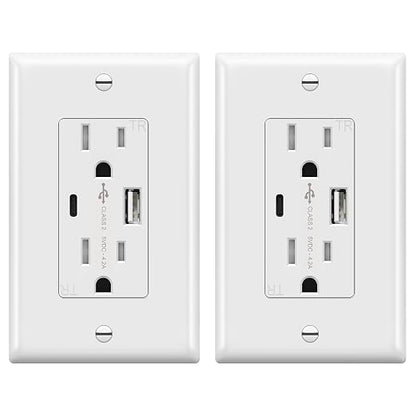TOPGREENER 4.2A USB Outlet, 15 Amp Wall Outlet with USB Ports,2 Pack,White | USB Outlets Receptacles with Type C&A Ports, Tamper Resistant Receptacle Plug, Wall Plate Included, UL Listed, TU21536AC-W