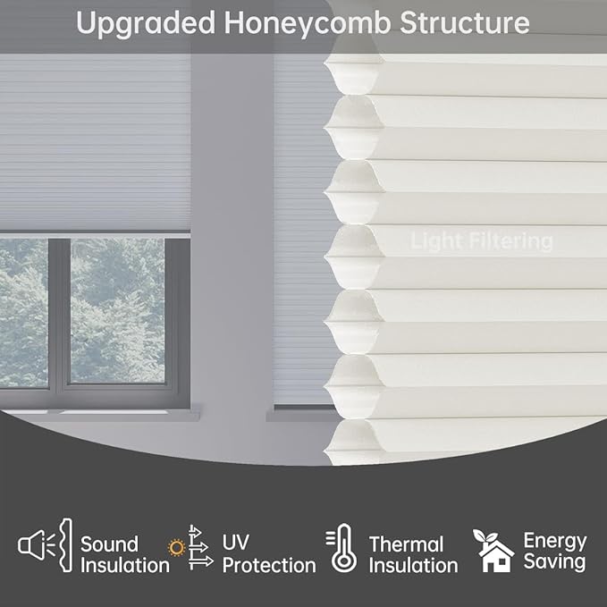 Cellular Shades Light Filtering Honeycomb Blinds for Indoor Windows, Cordless Cellular Shades 1.5 inch Cell Pleated for Bedroom Home Office, Custom Size, Half Shading Soft Pearl