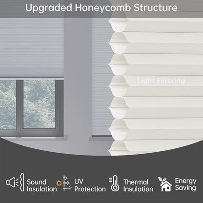 Cellular Shades Light Filtering Honeycomb Blinds for Indoor Windows, Cordless Cellular Shades 1.5 inch Cell Pleated for Bedroom Home Office, Custom Size, Half Shading Soft Pearl