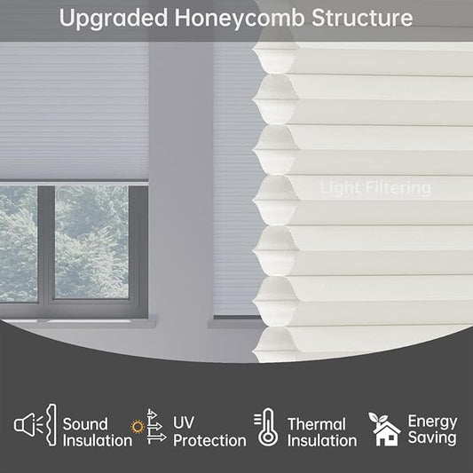 Cellular Shades Light Filtering Honeycomb Blinds for Indoor Windows, Cordless Cellular Shades 1.5 inch Cell Pleated for Bedroom Home Office, Custom Size, Half Shading Soft Pearl