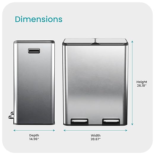 Home Zone Living 16 Gallon Kitchen Trash Can with Dual Compartments for Recycling, Stainless Steel, Silver, 60 Liters Total