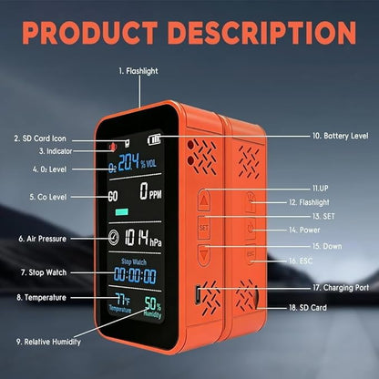 Portable Outdoor Environmental Monitor with O₂ & CO Level Tracking, Barometric Pressure, Temperature & Humidity, LED Flashlight and Stopwatch, Rechargeable Handheld Device for RV & Camping