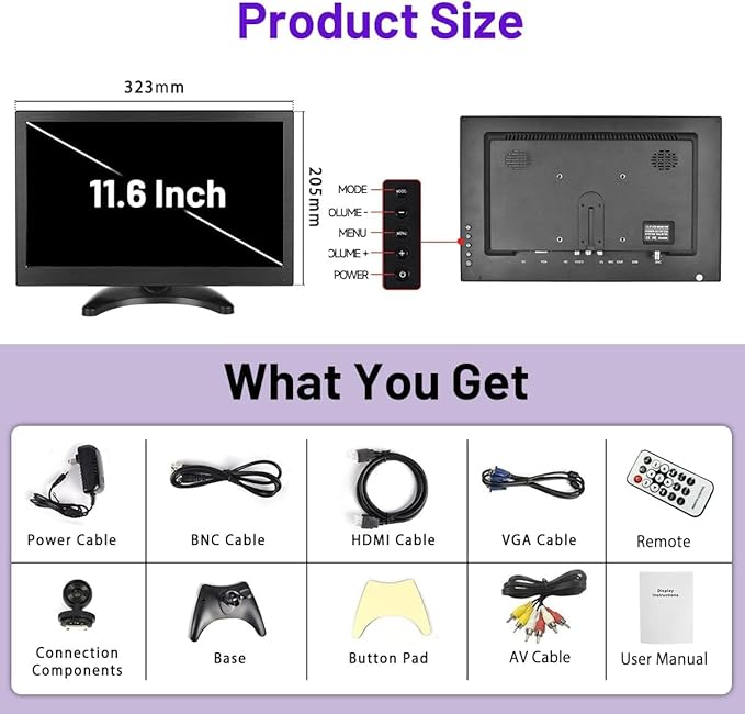 Hikity 11.6 Inch Small HDMI Monitor 1920x1080P Portable CCTV Monitors with BNC, AVI, VGA, HDMI Input Cable, Remote Control, Built-in Speakers, for PC, CCTV, Security Camera, Raspberry Pi, X-Box