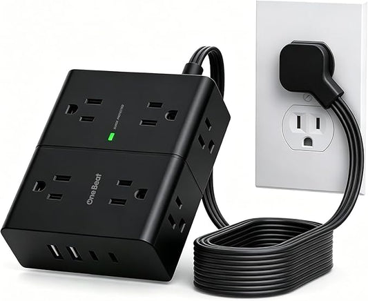 One Beat Surge Protector Power Strip, 6 Ft Ultra Thin Flat Extension Cord with 8 Outlets 4 USB Ports(2 USB C), Flat Plug Power Strip, White Power Strip for Home, Office, Dorm Room Essentials, Black