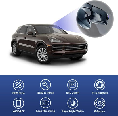 Fitcamx 4K Dash Cam Suitable for Porsche Macan 95B Panamera 970 Cayenne 958 92A E2 (Model B), OEM Factory Look, 2160P UHD Video, Built-in WiFi & APP, Loop Recording, G-Sensor, Easy to Use, 64GB Card