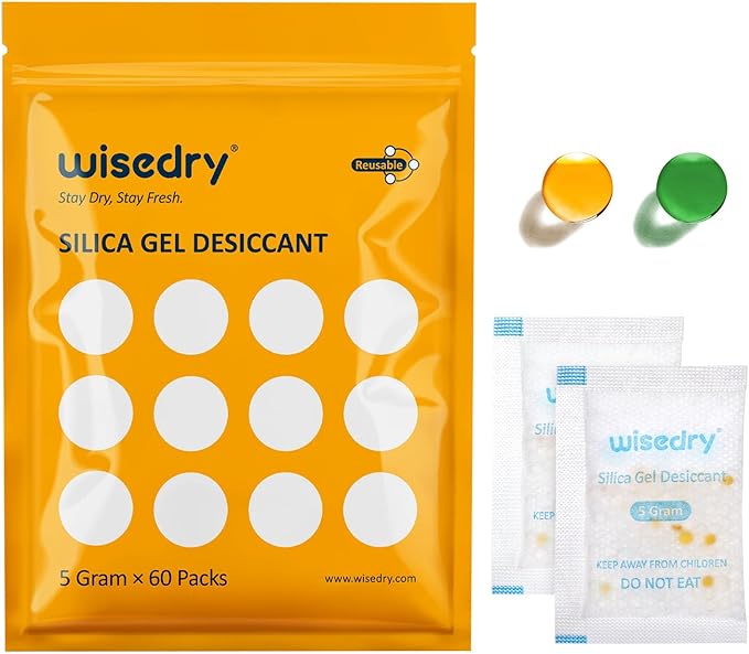wisedry 5 Gram [60 Packs] Food Grade Silica Gel Packets, Rechargeable Food Safe Desiccant with Color Indicating Beads, Reusable Moisture Absorbers for Food Storage, Electronics, 3D Filament & Safe